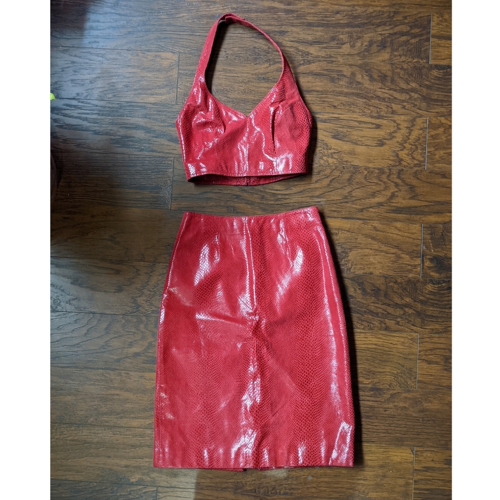HOT Red Snake Print Leather Halter Top & Skirt Set by Wilsons Leather NWT